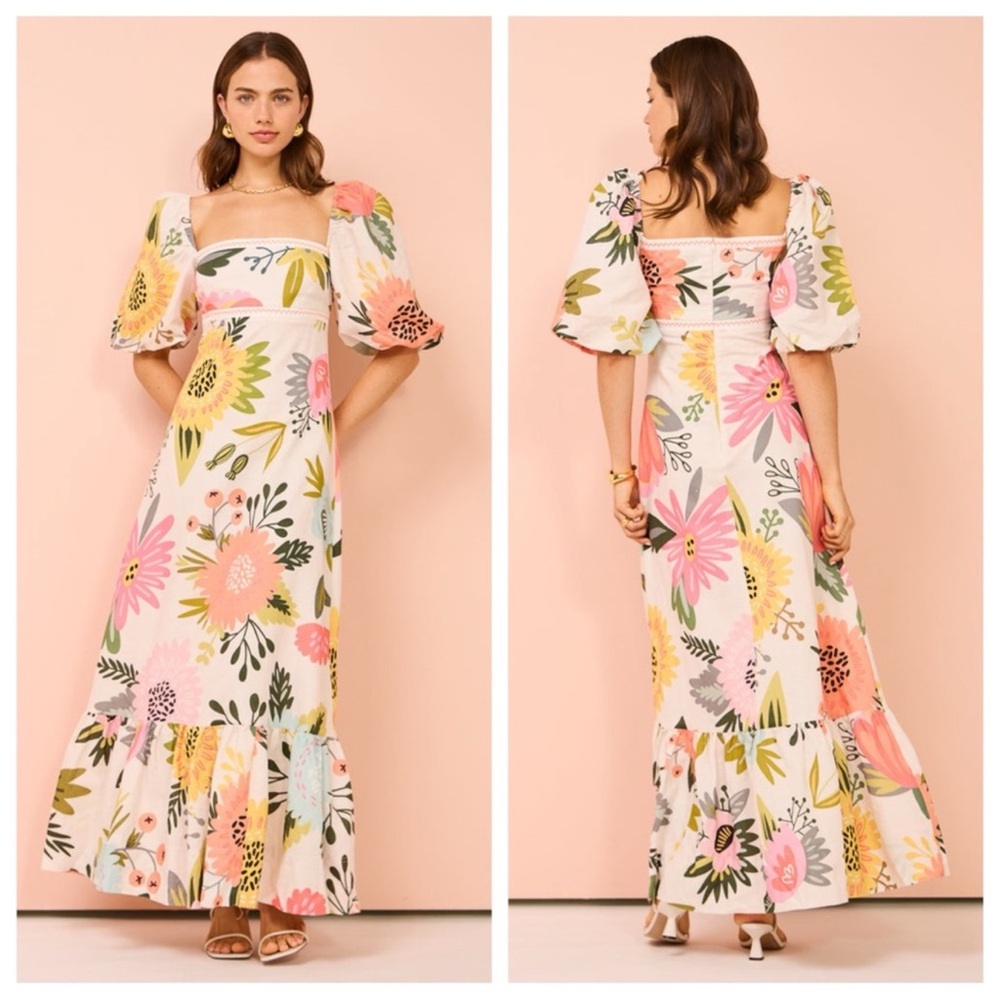 Vibrant Floral Maxi Dress with Puff Sleeves - Picture 3 of 9